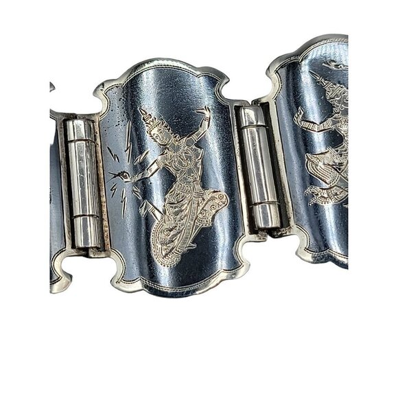 Siam Sterling Silver Bracelet 925 Niello Hindu Goddess Enamel Hinged Panel SZ 7 - Picture 16 of 16
